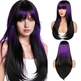 YUCCAHA Wig with Bangs Long Straight Ombre Wig for Women, Layered Heat Resistant Synthetic Wigs for Daily and Party Use(Ombre Black Purple, 26 Inch)