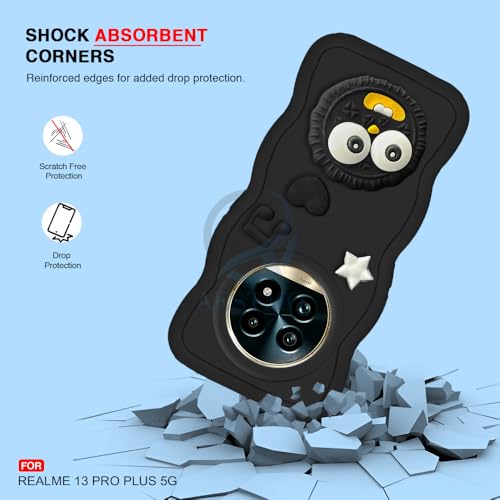 Image of AESTMO Back Case Cover for Realme 13 Pro 5G / Pro Plus | 3D Cute Fun Cartoon Characters | Anti Slip Grip Cute Wave Curly Frame Shape | Back Cover for Realme 13 Pro 5G / Pro Plus (Black)