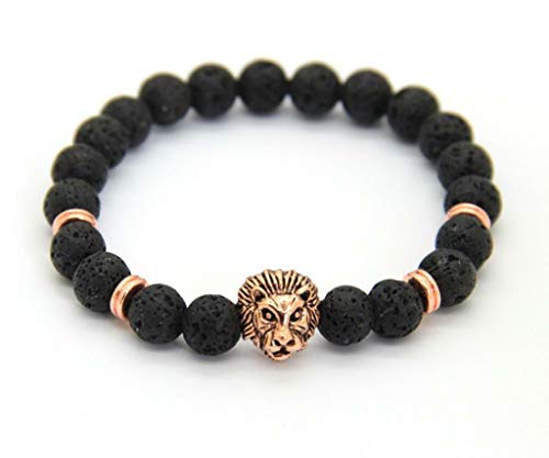 Pulsera elástica de piedras naturales con cabeza de león para hombre y mujer Lava Oro Rosa