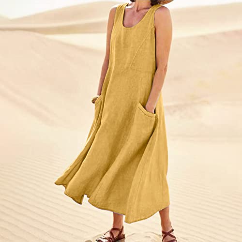 Plus Size Cotton Linen Summer Dresses for Curvy Women 2025 Sleeveless Maxi Vacation Beach Sundresses with Pockets