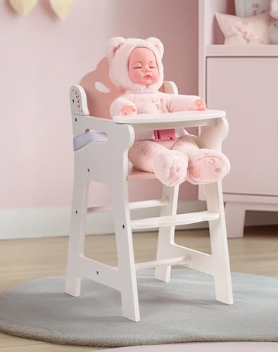 ROBUD Baby Doll High Chair, Pretend Play High Chair with Seat Belt, White Wooden Baby Doll Accessories with Movable Tabletop, Fits 18-20 Inch Dolls, WRP27