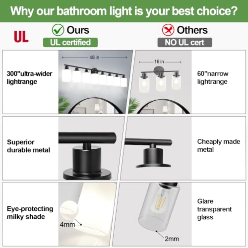 Image of Zarbitta 8-Light Bathroom Light Fixtures, Black Modern Vanity Lights with Milky White Frosted Glass Shades, Bathroom Wall Lamp for Mirror, Living Room, Hallway, Kitchen, Cabinet, Porch