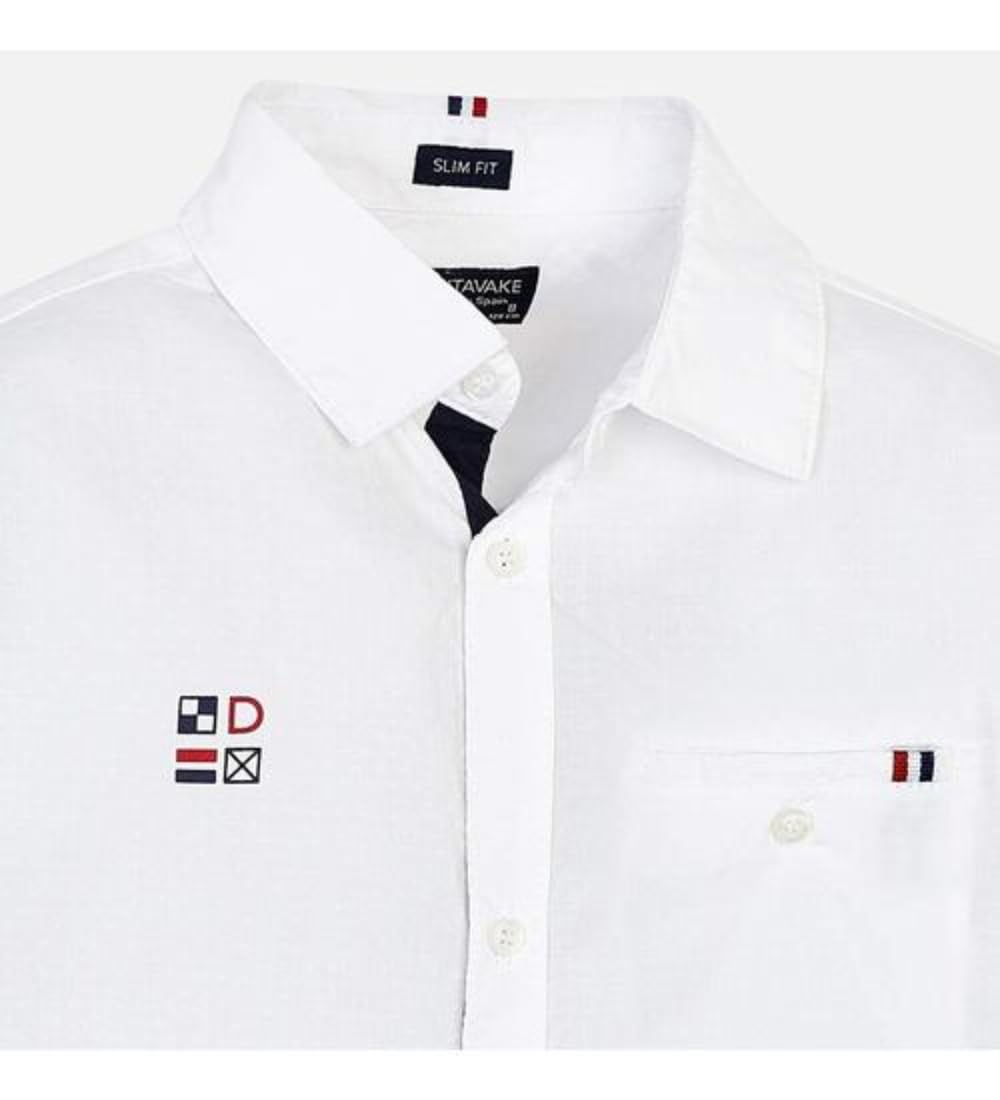 Mayoral Camicia Bianca Slim Fit per Bambino 8-16 Anni a Maniche Lunghe – Modello 6133 Elegante con Ricami Nautici, Perfetta per Cerimonia e Occasioni Speciali