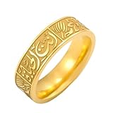 TEAMER Engraved Muslim Allah Islam Ring Stainless Steel Arabic Letter Lotus Flower Religious Band Ring For Men Women (Gold, 10)