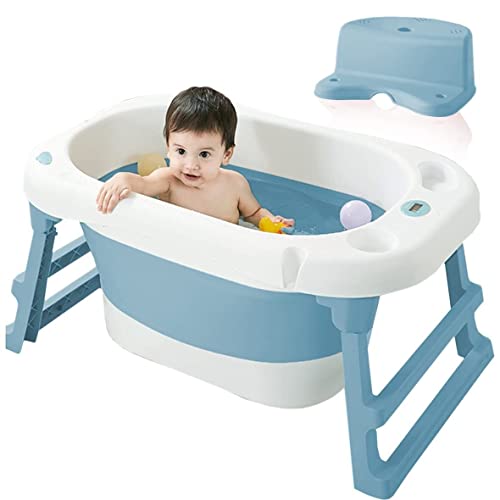 Spancare Foldable Baby Deep Bath Tub with Support Cushion - Temperature Sensor, (Blue)