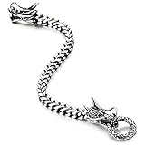 COOLSTEELANDBEYOND Acero Enlace Franco Brazalete Cadena Barbada Pulsera, Dragón Cuadrado Anillo Cierre Mosquetón con Negro Circonio Cúbico
