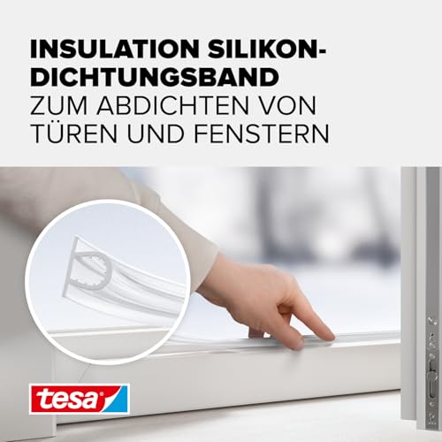 tesa INSULATION Dichtungsband Premium - Selbstklebende Silikondichtung zum Isolieren von Spalten an Fenstern und Türen - Transparent - 6 m x 9 mm x 7 mm