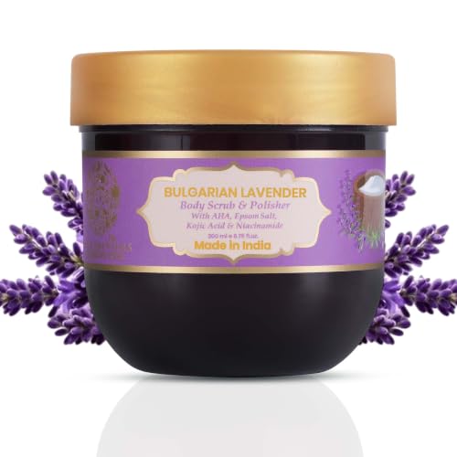 Image of RYLLZ ESSENTIALS Bulgarian Lavender Body Scrub & Polisher | with AHA, Epsom Salt, Kojic Acid, Niacinamide & Glycolic Acid | for Dead Skin Cells, Ingrown Hair & Skin Feeling Smoother /Polished | 200 ml