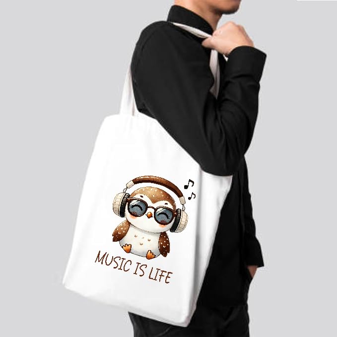 BAGVILLA Music is Life Canvas Tote Bag, White, 35 x 40 cm, Owl Print Design with Headphones, Reusable Shopping Bag. Women Tote, Printed Canvas Tote Bag, Stylish Bag 1