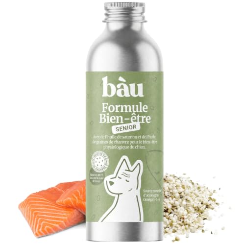 Bau Huile de Saumon pour Chiens Seniors avec Huile de Graines de Chanvre – Oméga-3 Naturels – Soutien Articulations, Mobilité et Cognition – Complément Alimentaire Liquide
