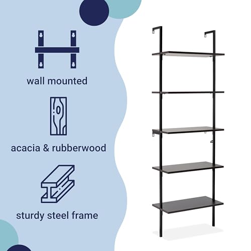 happimess MSH1001A Madera 72.05" Classic Industrial 5-Shelf Wood Wall-Mounted Open Ladder Bookcase with Metal Frame, Black by happimess - Image 2