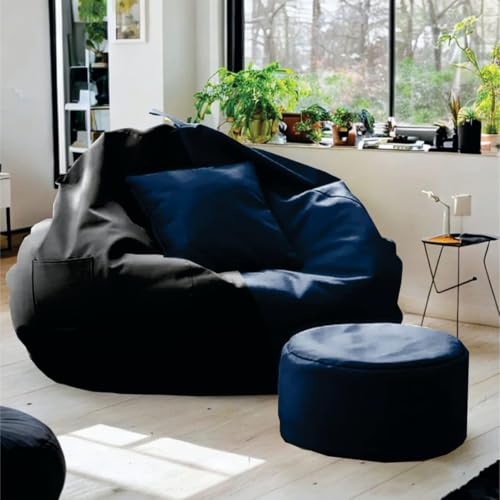 Image of IVIKA Bean Bag with Stool & Cushion | XXXXL Size Premium Leatherette Bean Bag for Gaming, Living Room & Bedroom (4XL - Navy Blue & Black)