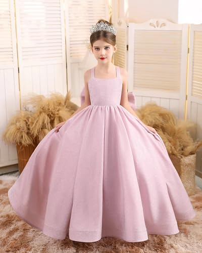 Sparkle Flower Girl Dress Satin Long Pageant Dresses for Girls Straps Prom Ball Gown with Bow2