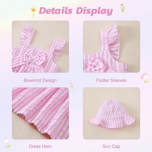 Renotemy Toddler Girl Dresses 12 Months Infant Girls Ruffle Flutter Sleeve Big Bowknot Boho Pink Striped Sundress Gift for Girls 12-18 Months Spring Summer Party Dress Clothes Outfits with Hat and Bag - Thumbnail 5