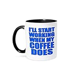 3dRose Ill start working when my coffee does, Blue 11oz Two-Tone Black Mug