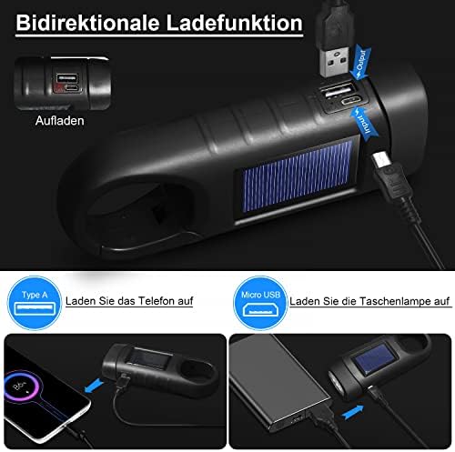 Rekalro Latarka LED ładowana przez USB, latarka z dynamem do ładowania telefonu, latarka z korbą, latarka solarna z klamrą, do wędrówek, w sytuacjach awaryjnych, na zewnątrz, na kemping (czarna)