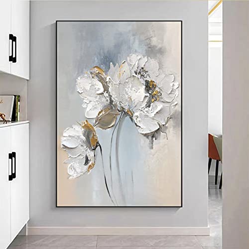 Quadro Olio Su Tela, Trama Bianca Tre Fiori Di Peonia Lamina D'Oro Opere D'Arte Astratte Moderne Di Lusso Originale Dipinti Ad Olio Dipinti A Mano Senza Cornice Su Tela Wall Art Per Soggiorno