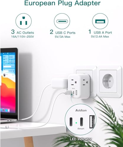 [2 Pack] European Travel Plug Adapter, International Power Plug Adapter with 3 Outlets 3 USB Charging Ports(2 USB C), Travel Essentials to Italy,Greece,Israel,France, Spain (Type C)