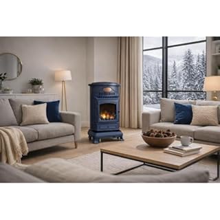 Sahara - Poêle à gaz Provence 3,4kW Bleu Saphir Mat Effet poêle à Bois Fonte véritable Chauffage d'appoint + Tuyau gaz et détendeur