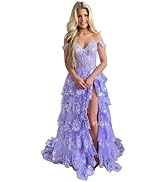 Off Shoulder Tiered Lace Prom Dresses 2024 Long Ball Gowns for Women Formal Sparkly Sequin Corset...