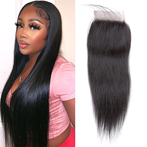 4X4 Lace Closure Human Hair 14Inch Brazilian Virgin Straight Hair Closure Only Free Part Closure Natural Color (4x4, 14INCH)