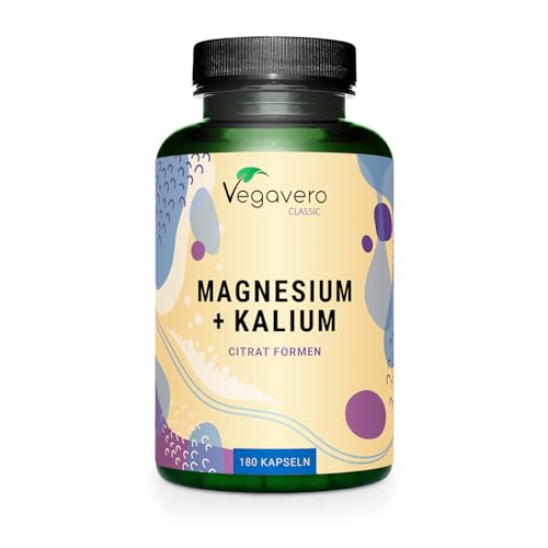 Magnesium + Kalium | Premium: Reine Citrat Formen - Ohne Zusatzstoffe | Hohe Bioverfügbarkeit | Elektrolyte | Muskeln - Blutdruck - Energie * | Laborgeprüft | Vegan | Deutsche Produktion von Vegavero