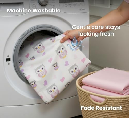 Image of EVERYDAY KIDS 2 Pack Fitted Girls Crib Sheet, 100% Soft Breathable Cotton Baby Sheet, Fits Standard Size Crib Mattress 28in x 52in, White Nursery Sheet with Pink Owls and Hearts and a Solid Pink