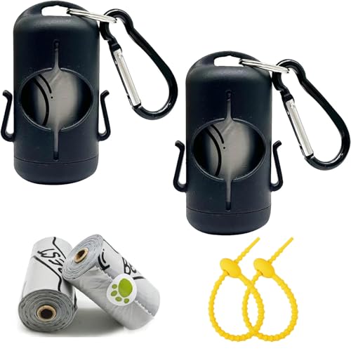 Image of Dog Poop Bag Holder with Leash Clip, Adjustable Strap & 2-Side Hooks for Used Dog Waste Bags (Black)
