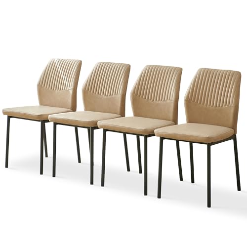 Pandolfini PU Leather Dining Chairs Set of 4, Mid-Century Modern Beige Leather Kitchen Chairs, Armless Dining Room Chairs with Black Metal Legs for Dining Room, Living Room
