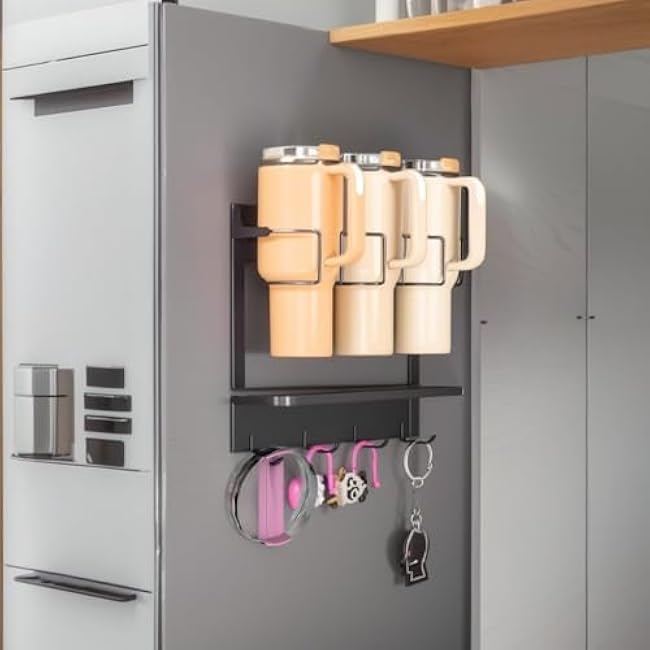 Magnetic Stanley Cup Holder for Refrigerator, Water Bottle Organizer for Stanley 40 oz with Lid Strap Hook, Kitchen Pantry Storage for Stanley Cup Accessories, Fridge Magnetic or Cabinet Adhesive