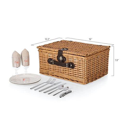 Image of PICNIC TIME Classic Picnic Basket for 2, Romantic English-Style Wooden Wicker Basket with Deluxe Service for 2, Fully-Lined Interior, Leatherette Lid-Locking Buckle, and Carry Handle, (Beige Canvas)