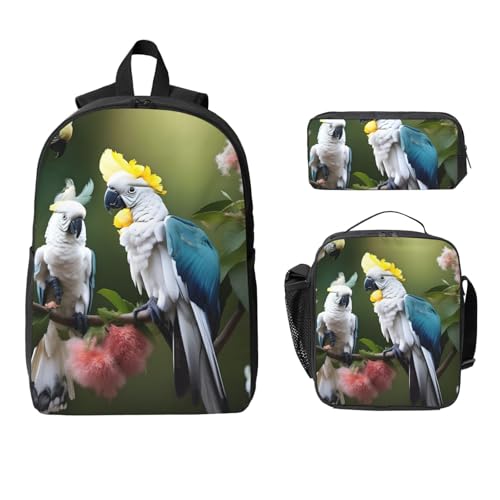 Beautiful Cockatoo Bird Flower print Shoulder Bookbags Lunch Bag and Pen Case 17 inches Backpack with Lunch Box, Cute Bookbag Set2