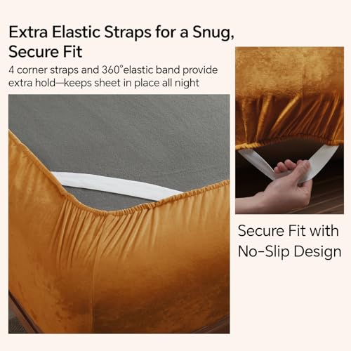 BEDELITE Velvet Fitted Sheet and Pillowcases Set, Luxury Soft Fuzzy Bottom Sheet with Reinforced Elastic Corner Straps, Deep Pocket up to 15 Inch, 1 Fitted Sheet and 2 Pillowcases (King, Burnt Orange)
