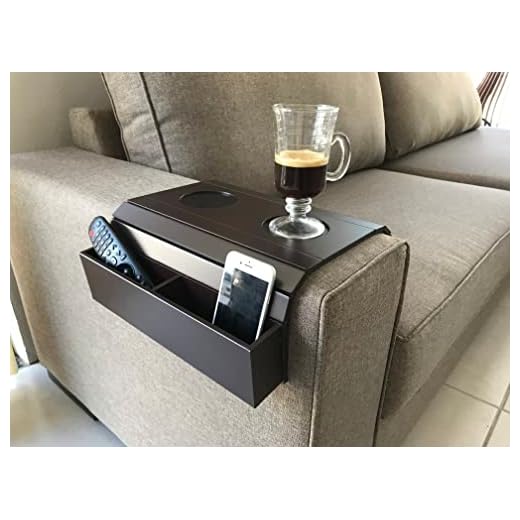 Sofa Arm Tray Table. Remote Control and Cellphone Organizer Holder, Arm Rest Organizer, Arm Rest Table with Pockets. Fits Over Square Chair arms. (Tobacco/Dark Brown)