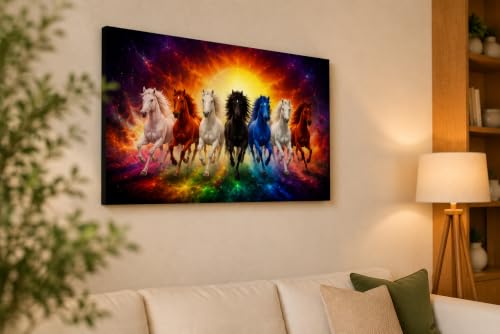 Image of 7 Horse Vastu Sunrise Canvas Painting | Positive Energy Wall Decor | Big Size Premium Running Horses Artwork for Home, Office & Hall Decoration (Modern, Galaxy Horse, 26x18 Inch)