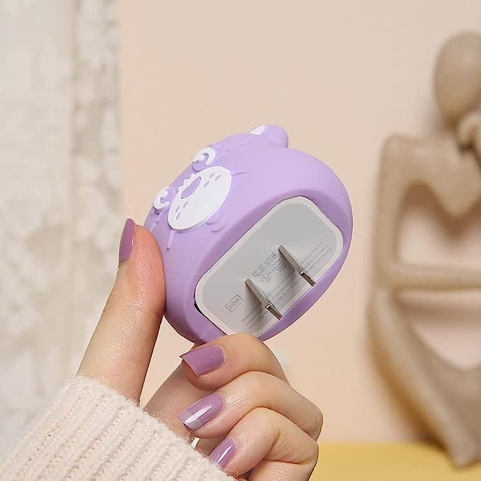 Image of Cartoon 3D Design Protective Case for 18W 20W iPhone 16 1514 13 12 11 Pro Max Fast Charging Cable Adapter Charger, Cute Cartoon Lightning Data Cable Case for iPhone Charger Purple-bear