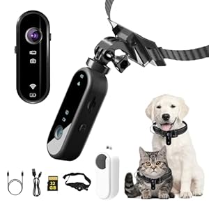Benustra Cat Collar Camera, HD 1080P Pet Collar Camera with Phone App, 360° Rotating Dog Collar Camera with 32GB SD, Mini Action Camera for Video Records Pets Dogs Cats Indoor Outdoor Present White
