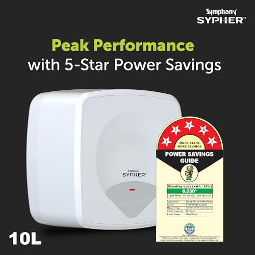 Image of Symphony SYPHER 10 Litre Storage Water Geyser | BEE 5 star Rating Water Heater | 2KW Heating | Glassline Tank | 8 Bar Pressure Compatibility | Warranty: 7 Yr Tank, 3 Yr Heating element, 2 Yr Product