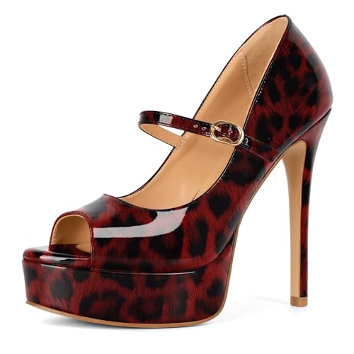 Image of SAMMITOP Women's Peep Toe High Heels Platform Stiletto Pumps Patent Mary Jane Heels 5.5 inch Party Wedding Dress Shoes