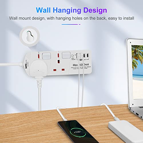 SE UKASE Extension Lead with USB Slots(5V/5A), 2 Way Plug Sockets with Individual Switches USB and Type C - Image 4