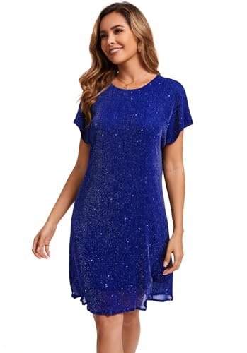 Image of Women's Crewneck Sequin Shift Dress Short Sleeve Casual Holiday Sparkly Party Dress