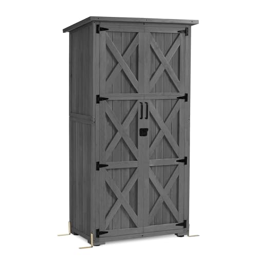 M MCombo Gartenschrank Holz, Gartenhaus Klein Wetterfest, Outdoor Gerätehaus Geräteschuppen, für Außenbereich Balkon Terrasse, 55×90×169cm, 0878EY-F (Grau) M MCombo Gartenschrank Holz, Gartenhaus Klein Wetterfest, Outdoor Gerätehaus Geräteschuppen, für Außenbereich Balkon Terrasse, 55×90×169cm, 0878EY-F (Grau)