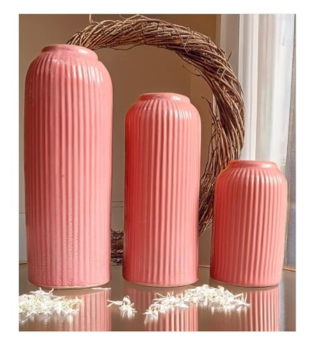 SPHINX Ribbed Pipe Ceramic Vase, Flower Vase, Pampas Grass Vase, Vase for Money Plant Live Plants for Home, Office, or Gifts NO Flowers- (Glossy Pink- Set of 3 (6, 9 & 10.4 Inch))