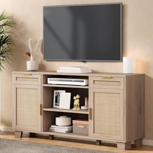 DWVO TV Stand for TVs up to 65 Inch, Entertainment Center with Storage, Boho TV Media Console with 2 Drawers, Rattan Door Cabinets, Adjustable Shelf for Living Room (Natural Oak)