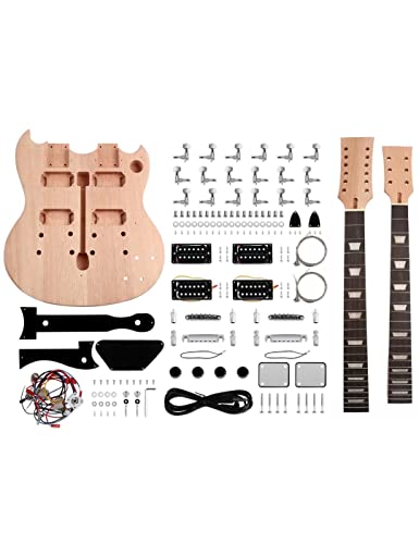 Bogart DIY Electric Guitar Kit Double Neck Guitar Kits Beginner Kits 12 String Right Handed with Mahogany Body Mahogany Neck Rosewood Fingerboard Chrome Hardware Build Your Own Guitar.