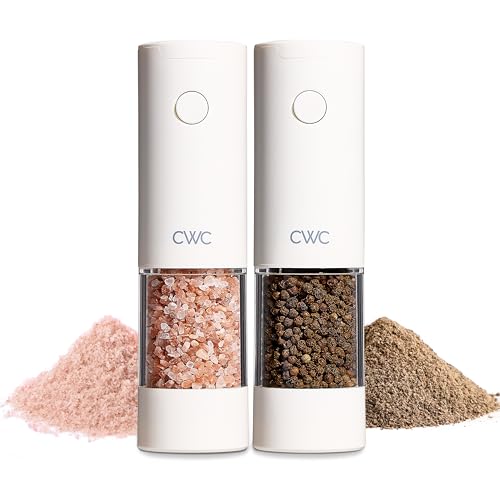 COOK WITH COLOR Set Of 2 Electric Salt And Pepper Grinder Set, Pepper Mill Shakers, Automatic Adjustable Coarseness, For Peppercorns, Spices, Battery, Led Light, 6.3" x 3" x 7.7", Cream
