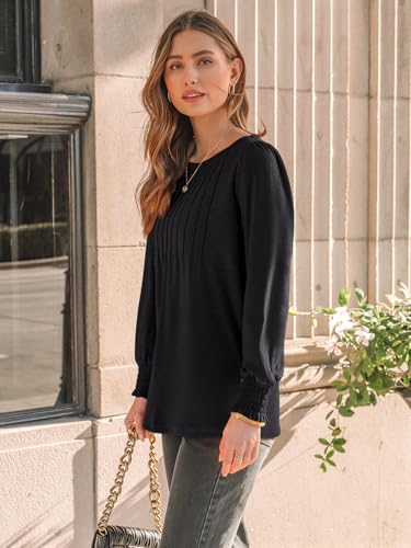 Womens Long Sleeve Shirts 2025 Dressy Fall Fashion Casual Tops Pleated Business Outfits Trendy Blouses with Smocked Cuffs4