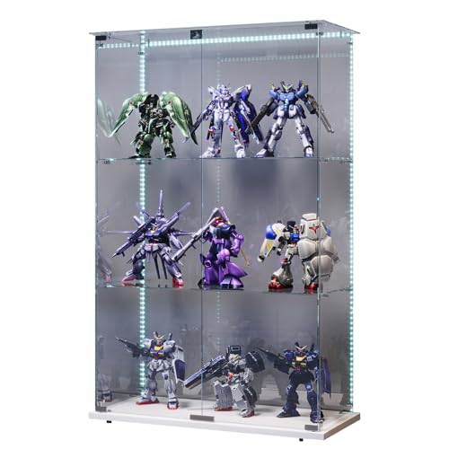Sorvaglos - Vitrina con tira LED, 3 pisos, puerta de cristal templado, blanco, antipolvo, vitrina vertical para sala de estar, oficina, objetos de colección, 35 x 78,5 x 123,3 cm