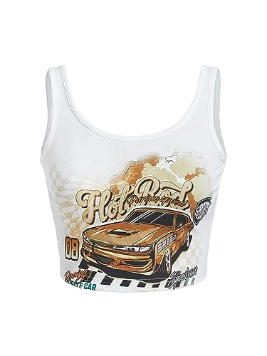 WDIRARA Women's Car Letter Graphic Print Scoop Neck Sleeveless Crop Tank Top Casual T Shirt Top