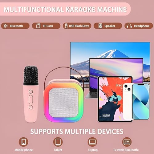 Image of Bluetooth Karaoke Microphone with Portable Speaker and RGB Light Ring, USB Charging, Mic Echo Music Controls, Voice Effects, TF Card and USB Flash Drive Support